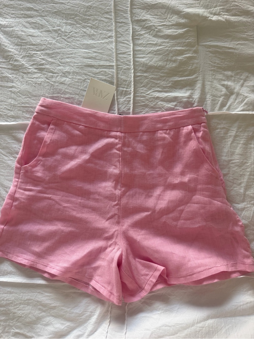 Zara Pink High-Waist Linen-Blend Shorts